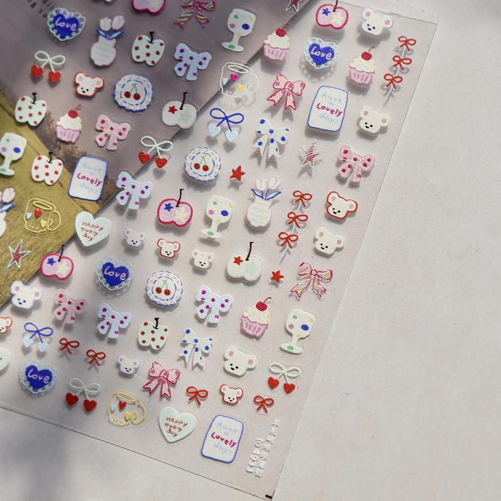 Fruit 5D Nail Art Sticker Apple Strawberry Cherry Love Hearts Bowknot Stars Cartoon Butterfly Manicure Decal DIY