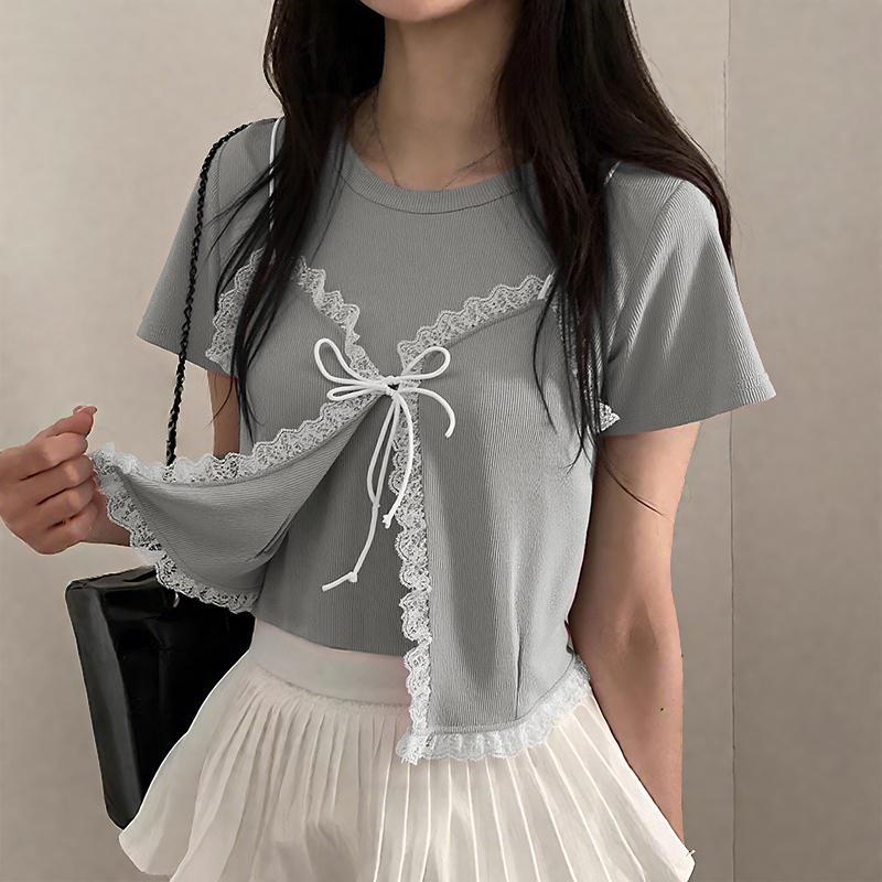 ZANZEA Women Casual Round Neck Short Sleeve Lace Splice Fake Two Piece Splice T-Shirts