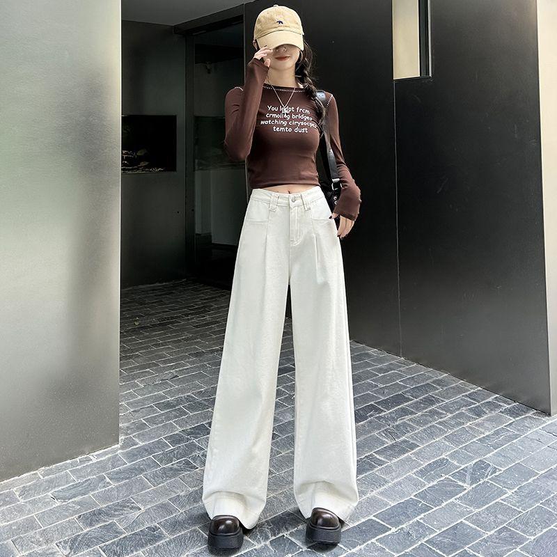 White High Waist Wide-leg Jeans for Women In Autumn and Winter New Straight and Loose Straight and Slim Draped Floor Pants Plus Velvet