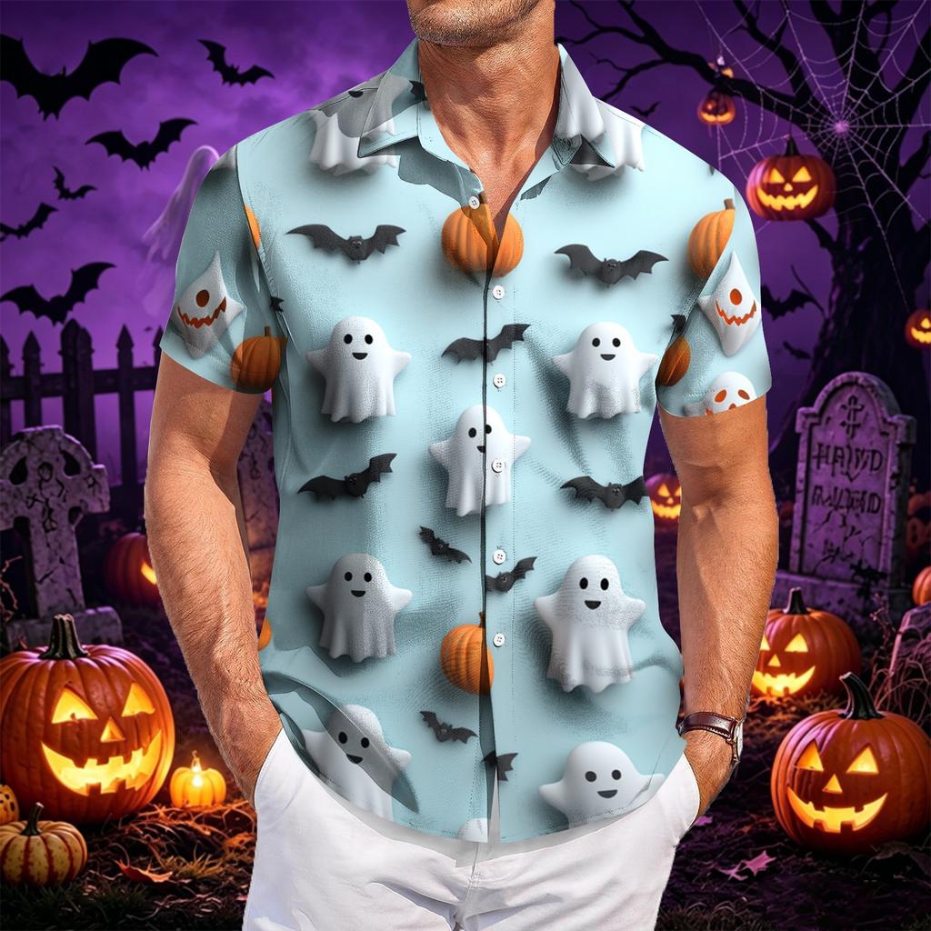 Herren Freizeit Kurzarm Hemd mit Knöpfen Halloween Motiv Fledermausmuster Leichtes Sommerhemd für Strand und Outdoor
