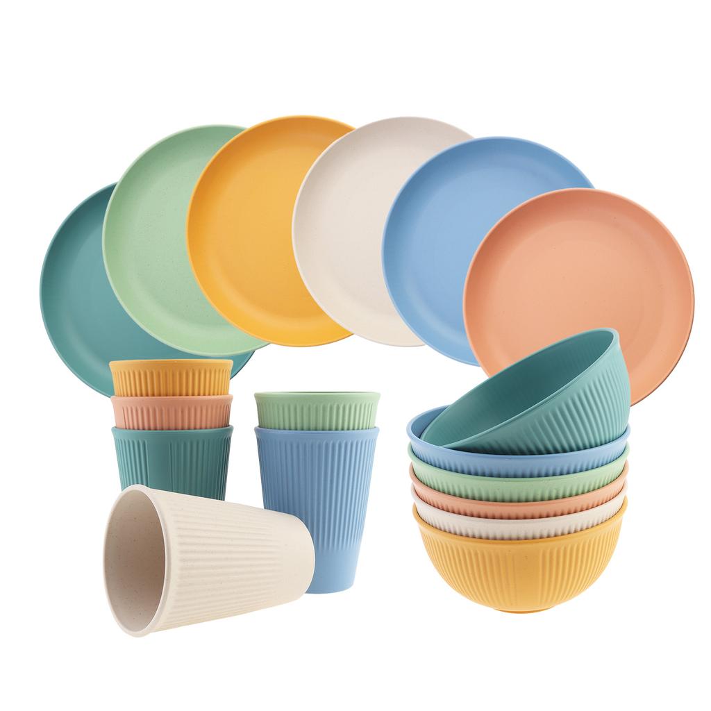 18-teiliges Tragbares Reise-Plastik-Teller- und Schüssel-Besteckset Vertikales Wiederverwendbares Geschirrset Essgeschirrsets für Picknick, Camping, Reisen, Schule