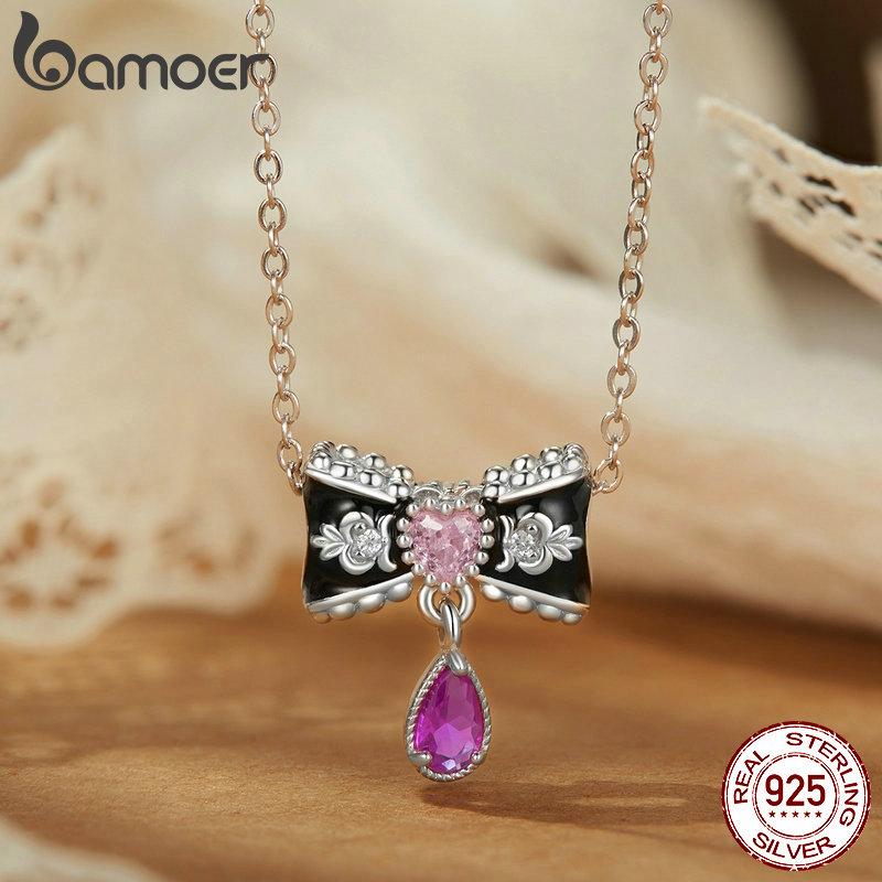 Bamoer Original 925 Silver Witch Knot Pendant Bow Charm Pink Love Beads DIY For Women Party Daily Gift Fine Jewlery