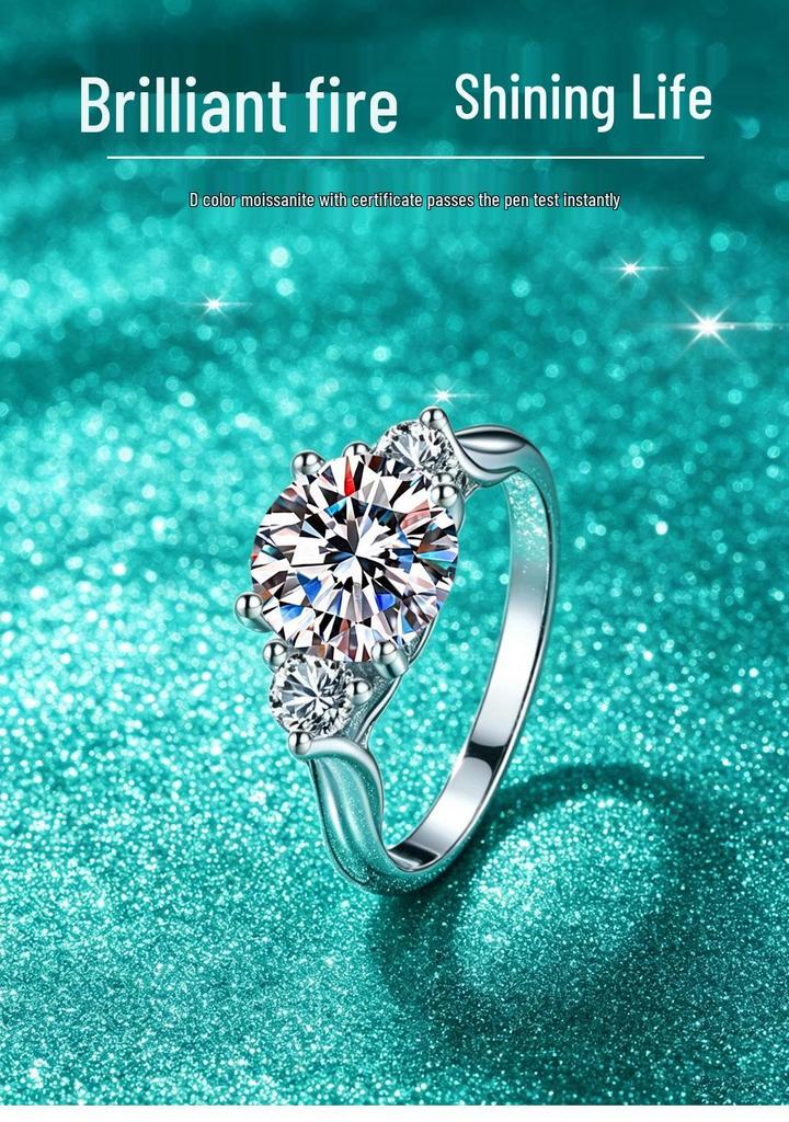 S925 Sterling Silver Moissanite Three-Stone Twisted Band Platinum-Plated Engagement Ring for Women