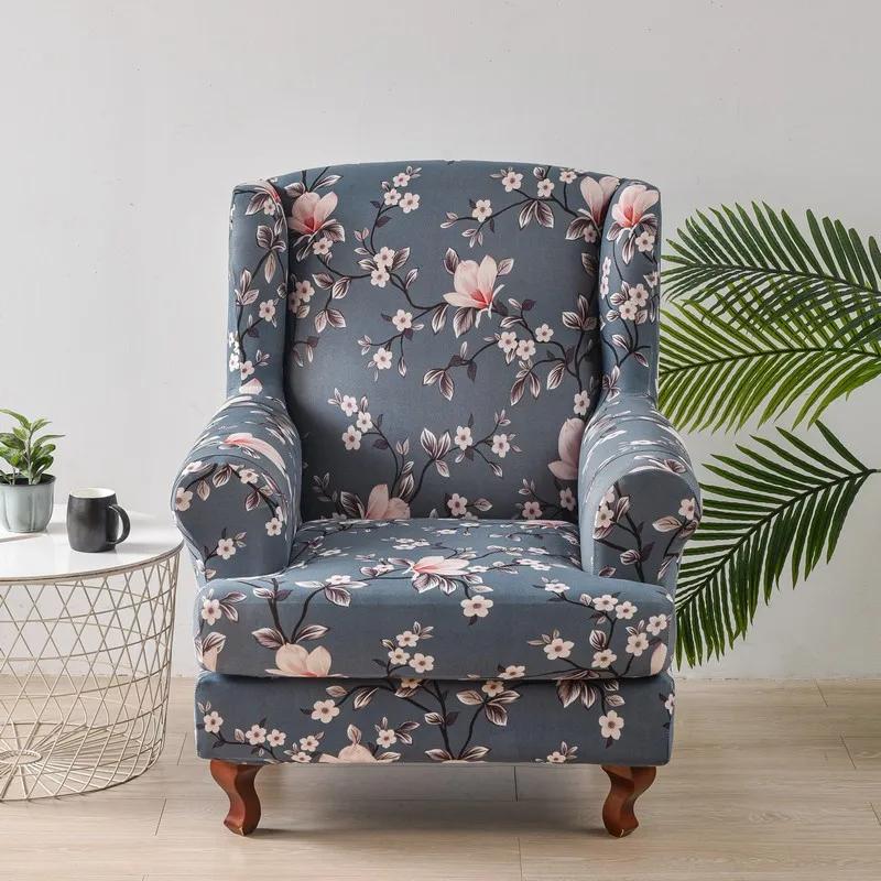 Spandex Wingback Chair Covers Stretch Wing Armchair Cover with Seat Cushion Cover Elastic Sofa Slipcover Flower Print Sofa Cover