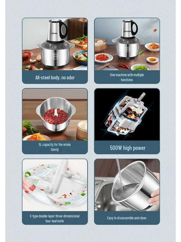 Stainless Steel Electric Meat Grinder & Multi-function Food Processor with Dough Kneading, Garlic Paste, and Vegetable Shredder