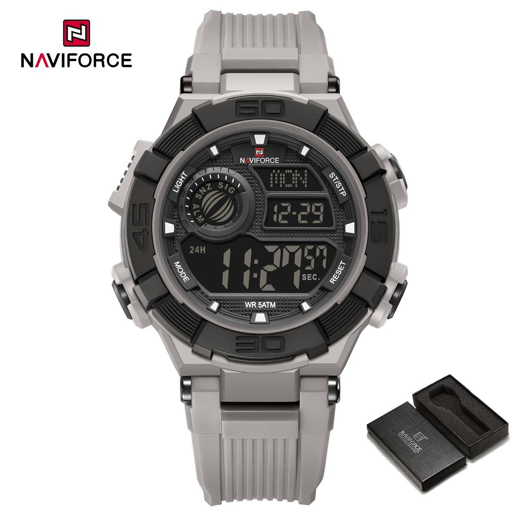 Naviforce Men LCD Watch Ditital Movement Lightweight Silicone Strap 50m Waterproof Calendar Date Alarm Night Pattern Boy Gift Watch NF7131