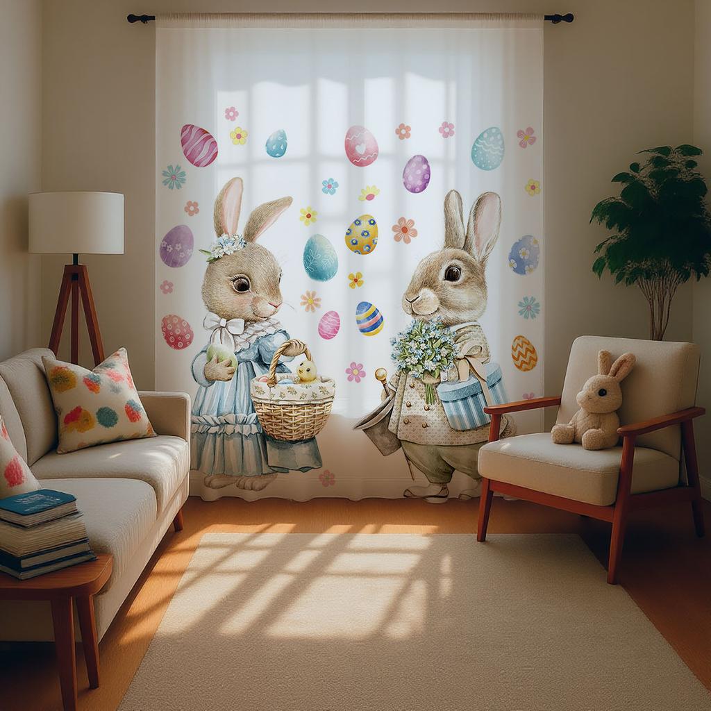 Single Panel Easter Bunny Curtain Rabbit Egg Pattern Pole Window Spring Kids Room Decor Sheer Polyester