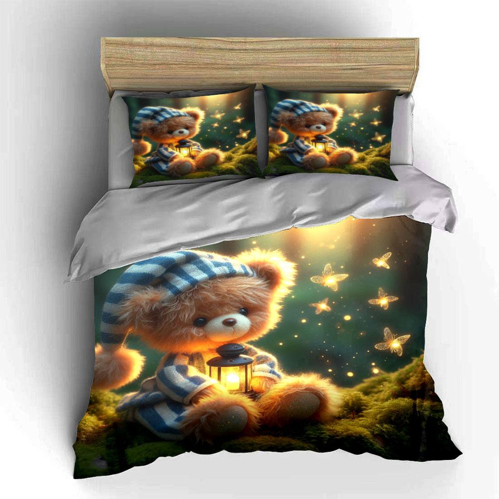 Cozy Teddy Bear In Glowing Forest Printed Duvet Cover Set1 Duvet Cover+2 Pillowcasemulti Size Bedroom Bedding Decor