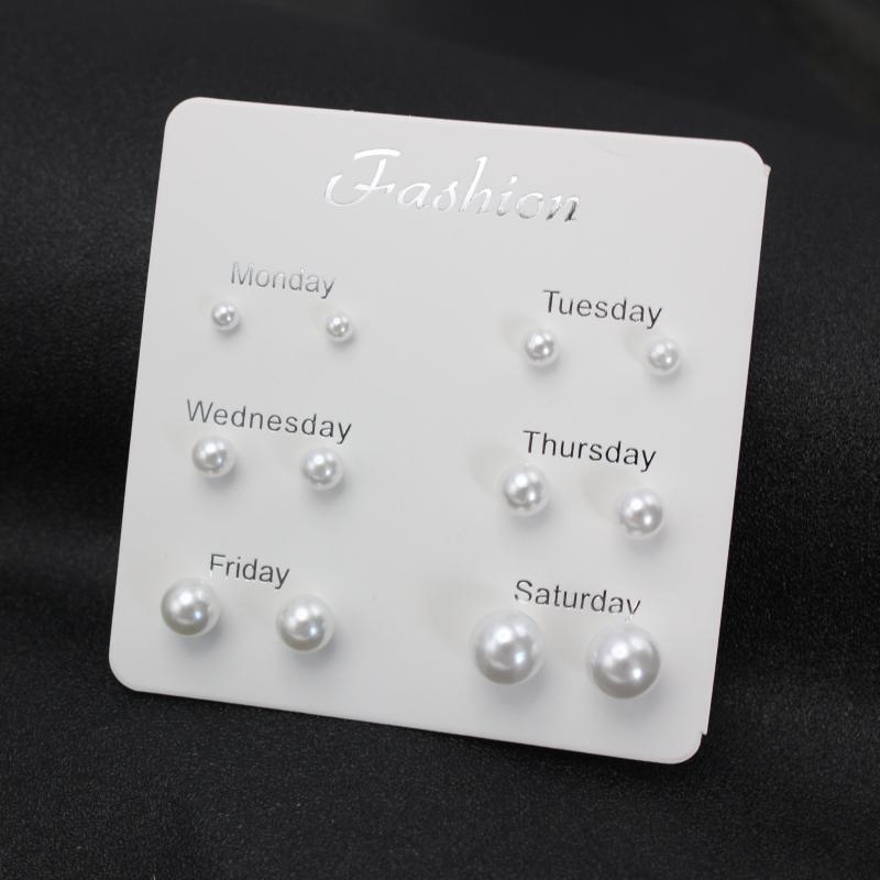

6Pairs/Lot One Week White Imitation Pearl Zircon Set Stud Earring for Women Classic Romantic Brincos Girl Gift