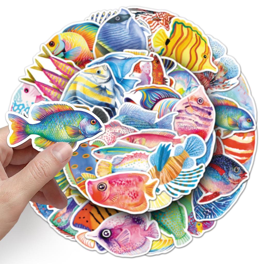 50pcs Ocean Series Fish Stickers: Waterproof Cartoon Animal Decals for Water Bottles and Storage Boxes