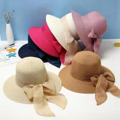 New Summer Women Sun Hat Casual Fashion Bowtie Fisherman Hat Straw Hat with Bow Ribbon Travel Beach Hat
