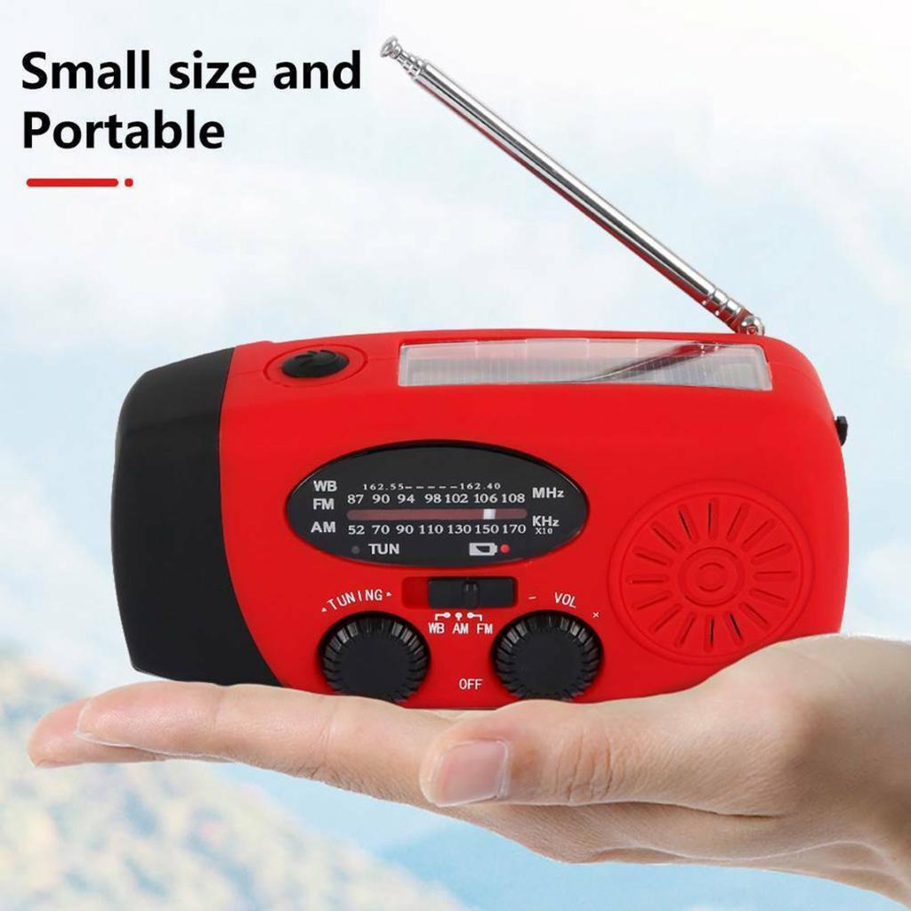 FM/AM/NOAA Počasí Rádio s ručním klikovým pohonem, solární nouzová rádia se samonapájením s 3 LED svítilnou, 2000mAh powerbanka, nabíječka pro chytré telefony