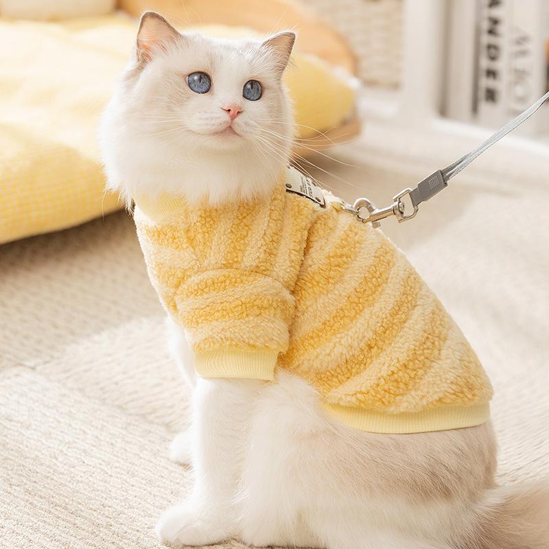 Pet clothes autumn and winter cat kittens keep warm two feet leather label stripes can be pulled down fleece dog cat clothing