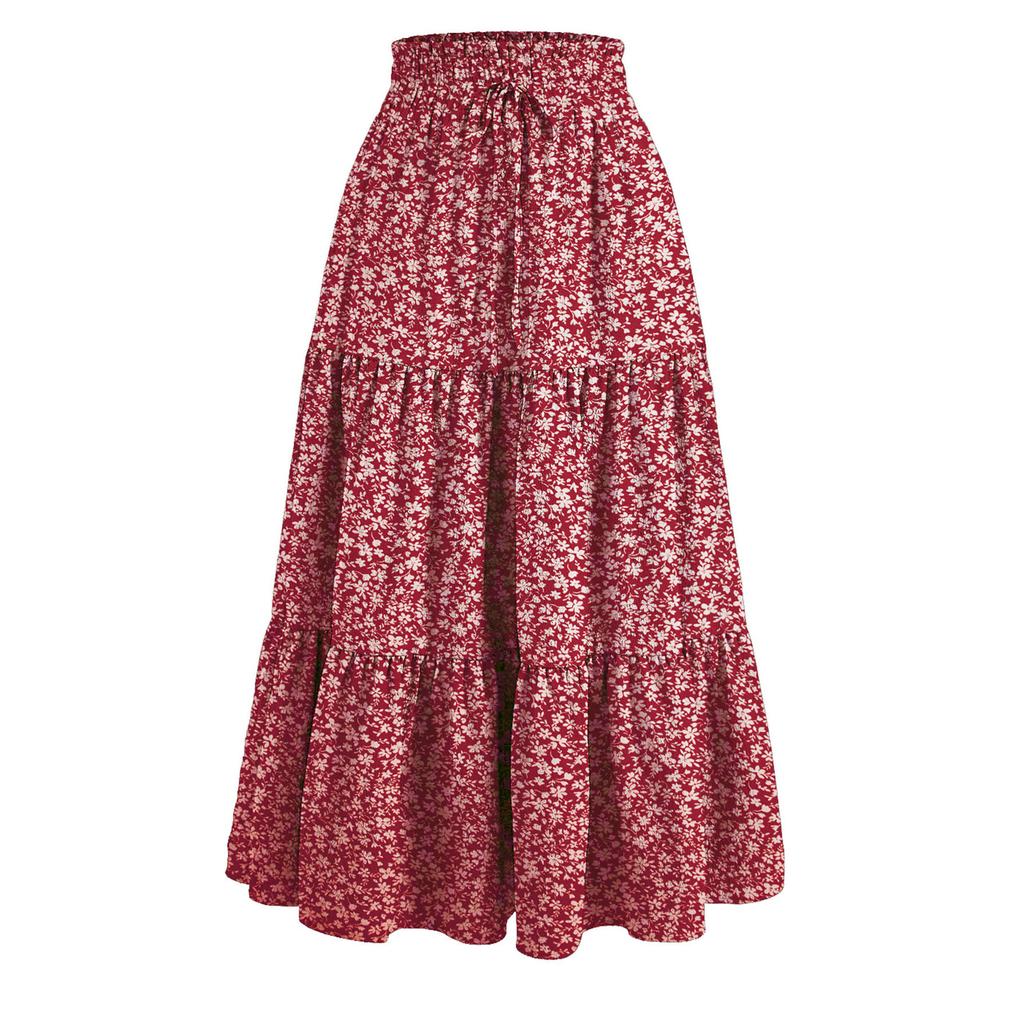 Women'S Boho Vintage Floral Print Maxi Skirt Elastic High Waist Pleated Flowy A Line Long Skirts Toddler Fall Falda Short