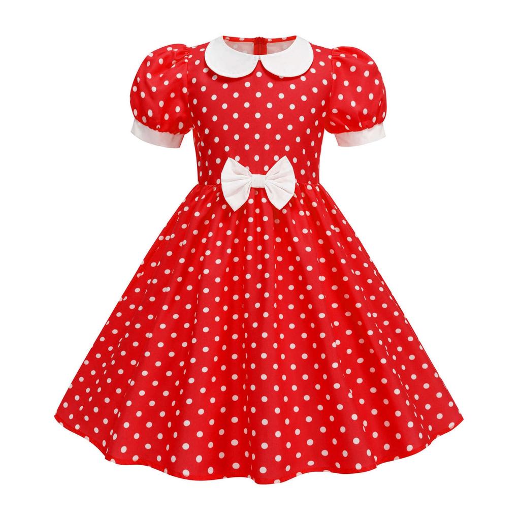 Fashion Children's Short-sleeved Polka Dot Dress With Baby Collar