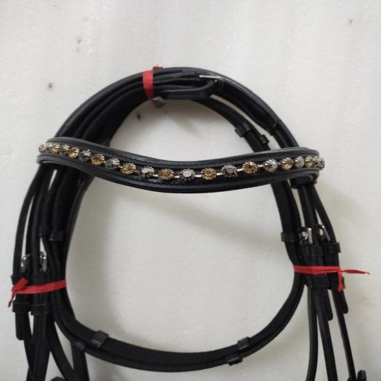Horse Bridle Black & Golden Stone Crystal Browband Black Padding Dressage Bridle.