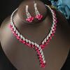 Premium Rose Pink Rhinestone Necklace Earrings Set, Women's Necklace Earrings Two-piece Set
