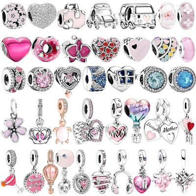 925 Sterling Silver Pink Car Travel Bag Beads Headphones Cherry Blossoms Dangle Charm Fit Original Diy Bracelet Jewelry Gift