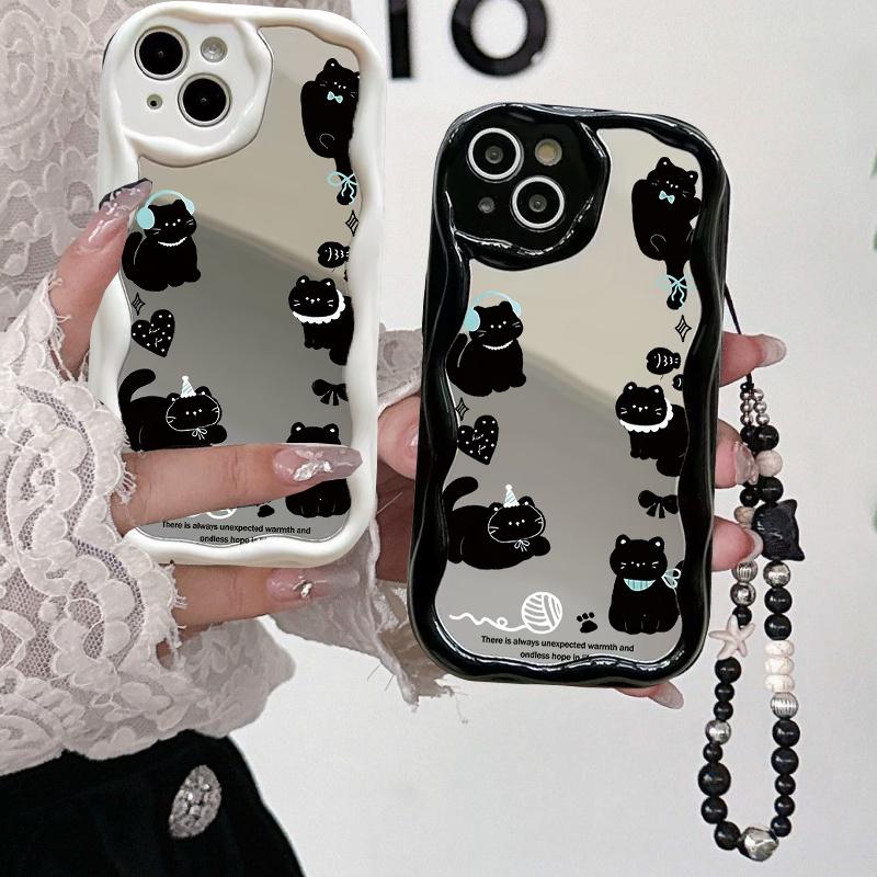 Cute Mirror Black Cat Lanyard Chain Case For Xiaomi Redmi 15 15C 14C 13C 12C 13 12 A5 Note 12 13 14 Pro Plus 5G 11S 10 11 Pro 4G