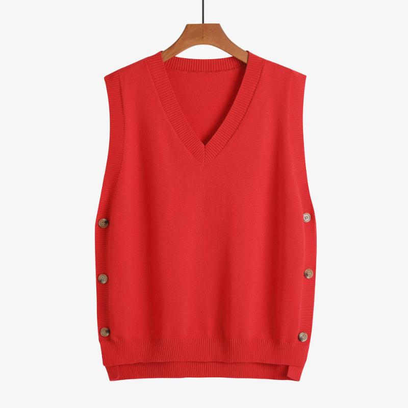 Autumn New Women's Clothing V-neck All Match Elegant Sweater Vest Buttoned Shoulder College Style Loose Vintage