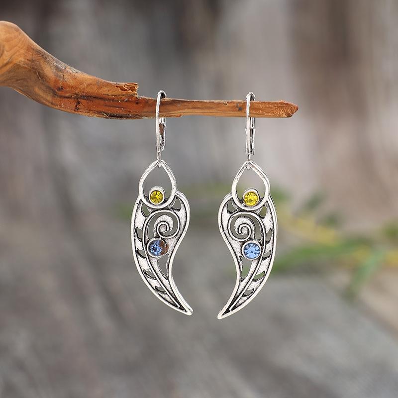 Винтажные серьги-подвески с инкрустацией листьями из синего и желтого камня, с геометрическим креативным дизайном, серебристого цвета, для женщин, ювелирные изделия