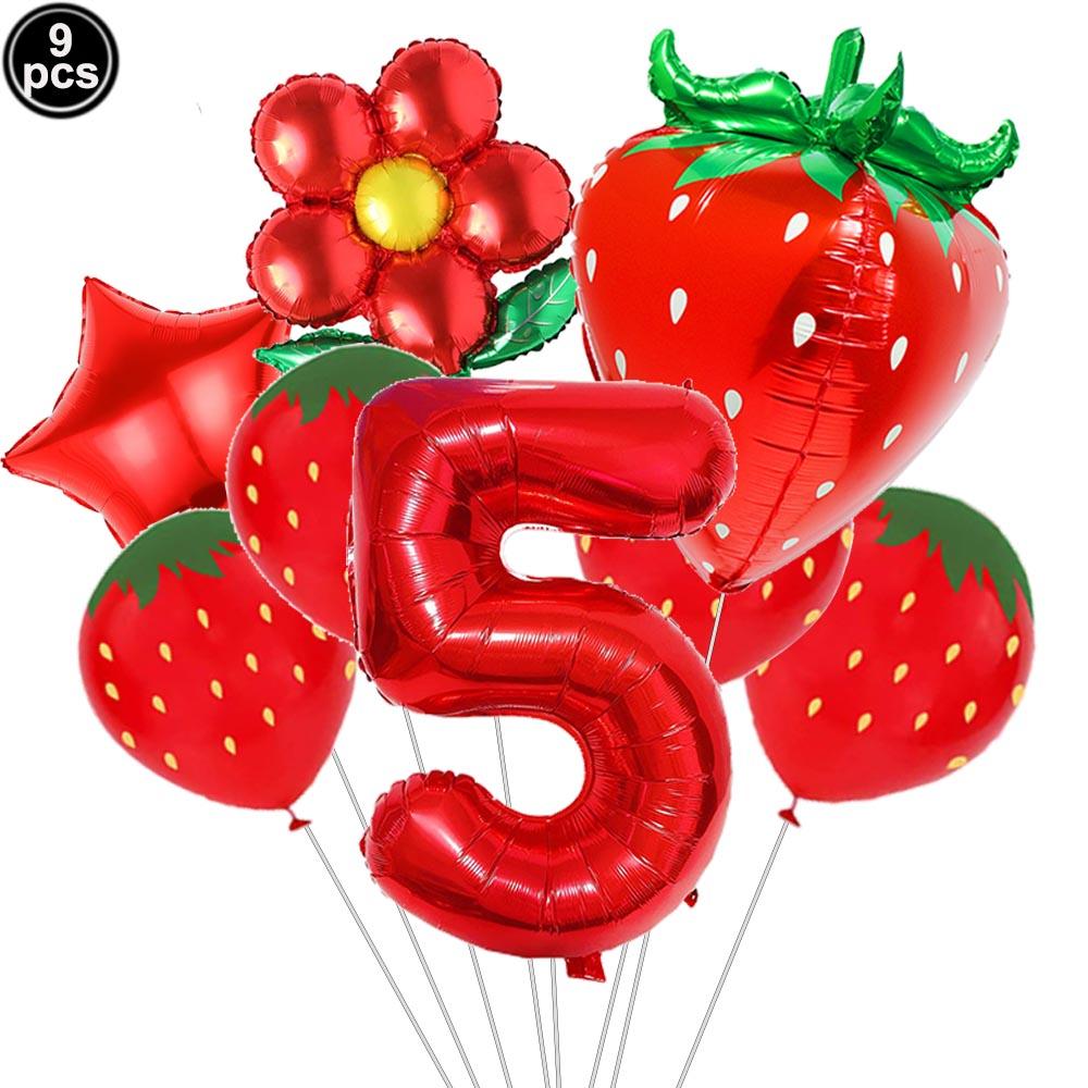 9pcs Strawberry Balloons Kits Birthday Decorations for Girls 32inch 0-9 Number Balloons for Strawberry Birthday Party Decors