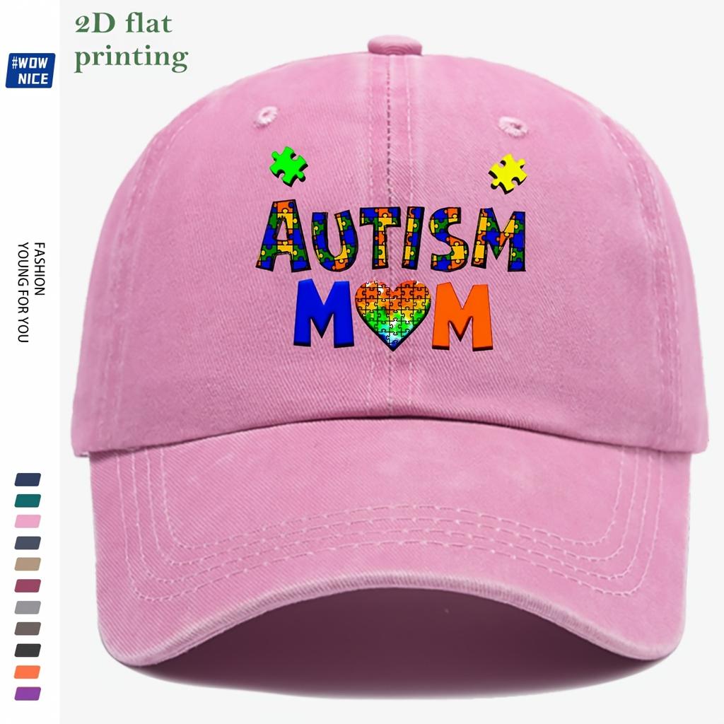 pc Autism Themed Puzzle Print Baseball Cap Colorful Puzzle Letters AUTISM with Heart Puzzle And MOM Lettering MotherS Da
