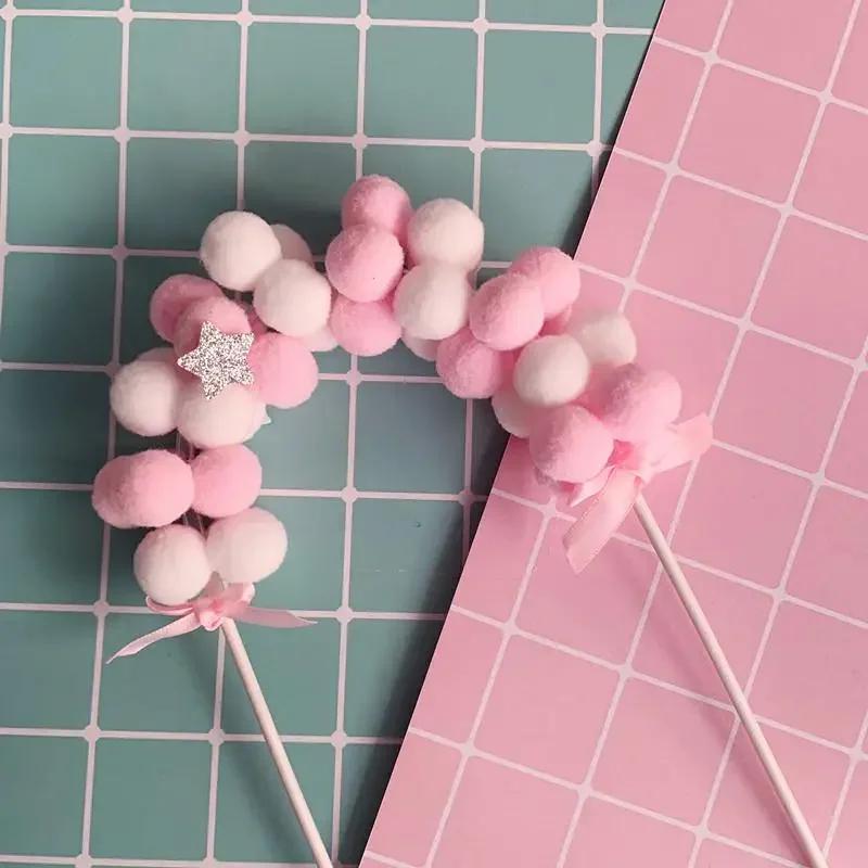 Pink Blue Soft Pompom Cloud Cake Topper Baby Shower Birthday DIY Cake Top Flags Decoration Festival Party Supplies.