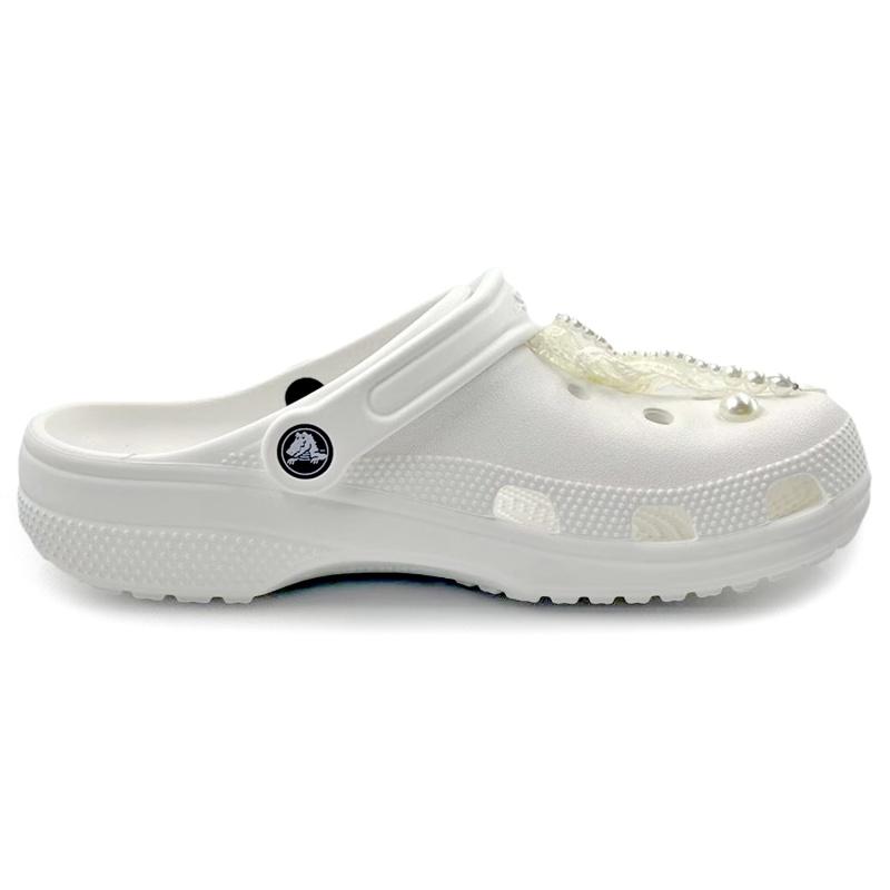 Crocs Classic Clog SIN3A Pearl Girl Ribbon Romantic Hole Shoes Unisex White