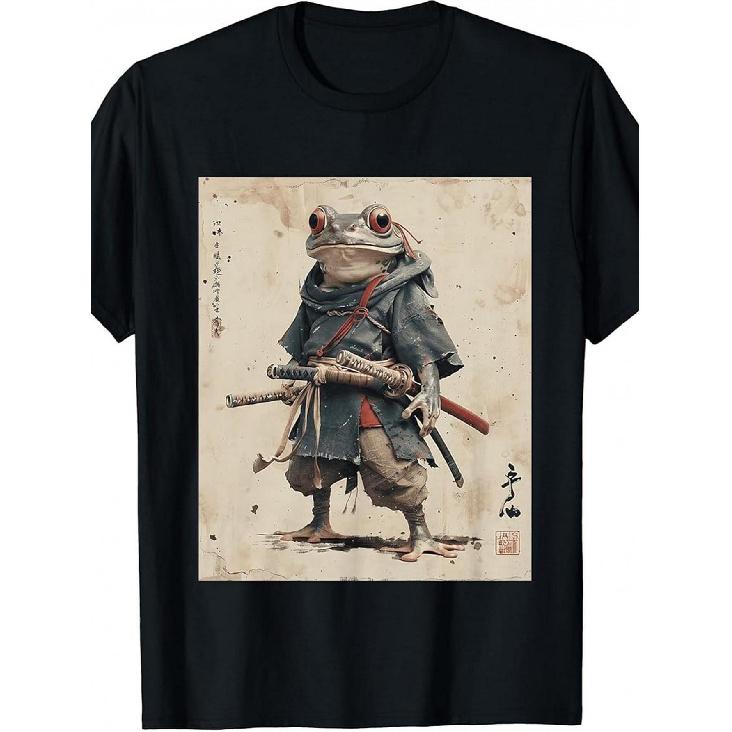 Men S Vintage Samurai Frog Warrior T-Shirt - Japanese Ukiyo-e Art Black & Red Katana Print, Crew Neck Short Sleeve Casual Tee, Machine Washable S чёрный