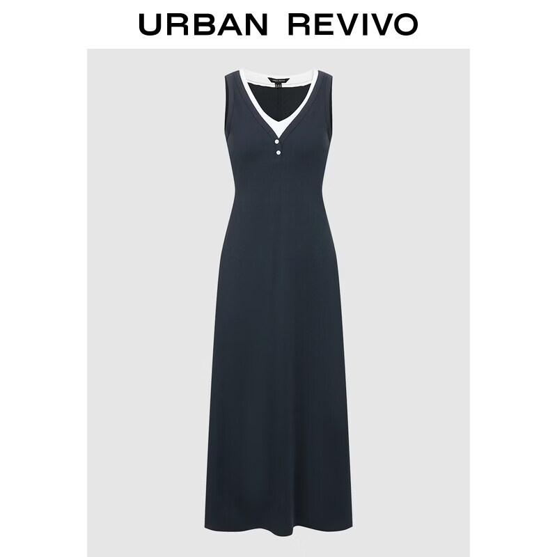 UR2026 Women s Elegant Color Block V-Neck Faux Two-Piece Slim Dress XL