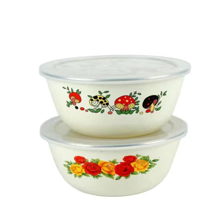 Large Old-Fashioned Enamel Basin with Lid for Washing, Mixing, and Cooking - Classic Nostalgic Design