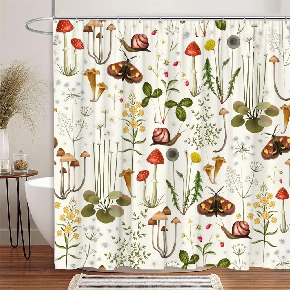 Vintage Mushroom Shower Curtain Bohemian Botanical Butterfly Wildlife Leaf Flower Polyester Fabric Bathroom Decor Curtains Set