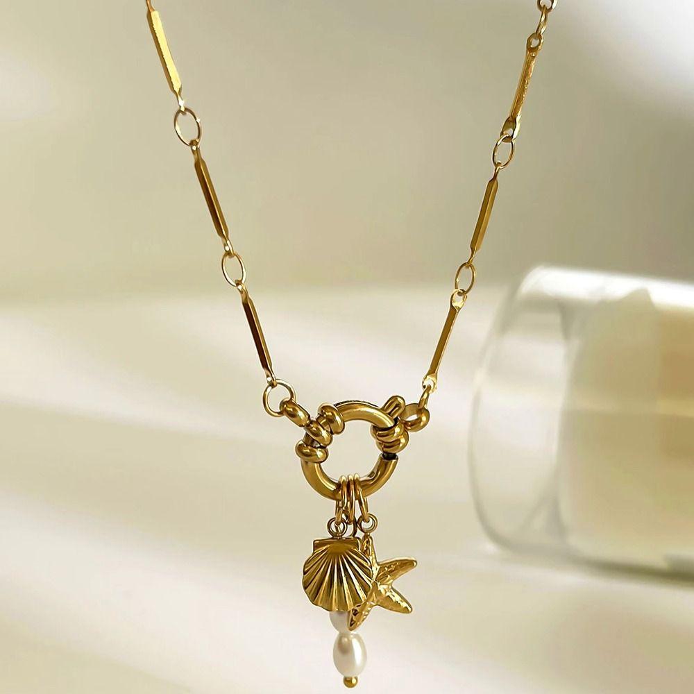Waterproof Gold Plated Necklace Stainless Steel 18K Gold Plated Freshwater Pearl Necklace Detachable Accessories Shell Necklace