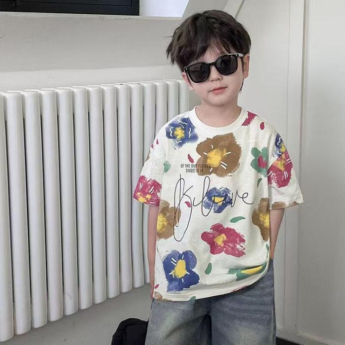 Boys Summer Floral Print Short Sleeve T Shirt Lightweight Breathable Top 90 белый