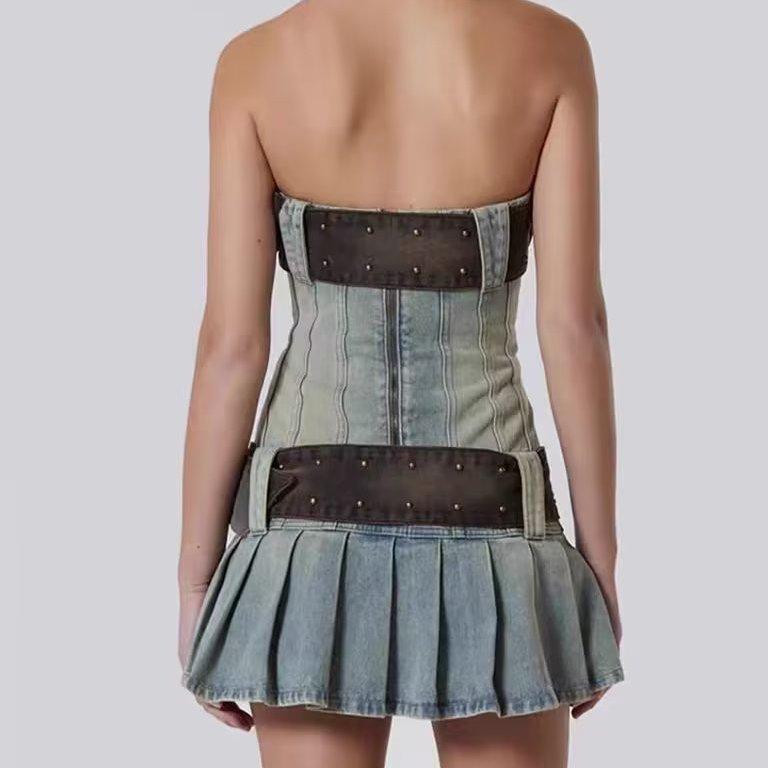 Vintage šaty Y2k Jednodílné korzetové džínové šaty z roku 2000 s páskem Skládaný Mini Krátké Jean Modré šaty Hottie Summer Women