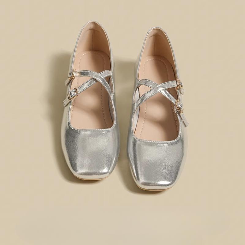 

Модные Мягкие Серебристые Туфли Мэри Джейн Лето Новые Французские С мелким вырезом Ретро Квадратный носок Плоские Однослойные Туфли 35 серебряный