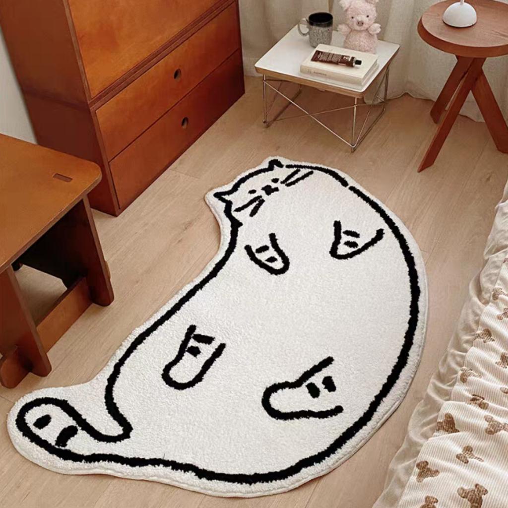 Sleepy House Cat • Cute Cream Style Cat Bedroom Side Rug Children's High-Quality Fleece Soft Carpet Home Decoration