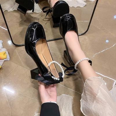 Elegantní vysoké podpatky Dámské kožené boty Mary Jane s hranatou špičkou a korálkovou dekorací Dámské boty Kancelářské retro módní