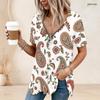 Women Plus Size Ethnic Printed V Neck Ring Zip Short Sleeve Loose Curved Hem Shirt