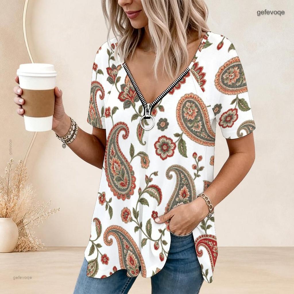 Women Plus Size Ethnic Printed V Neck Ring Zip Short Sleeve Loose Curved Hem Shirt