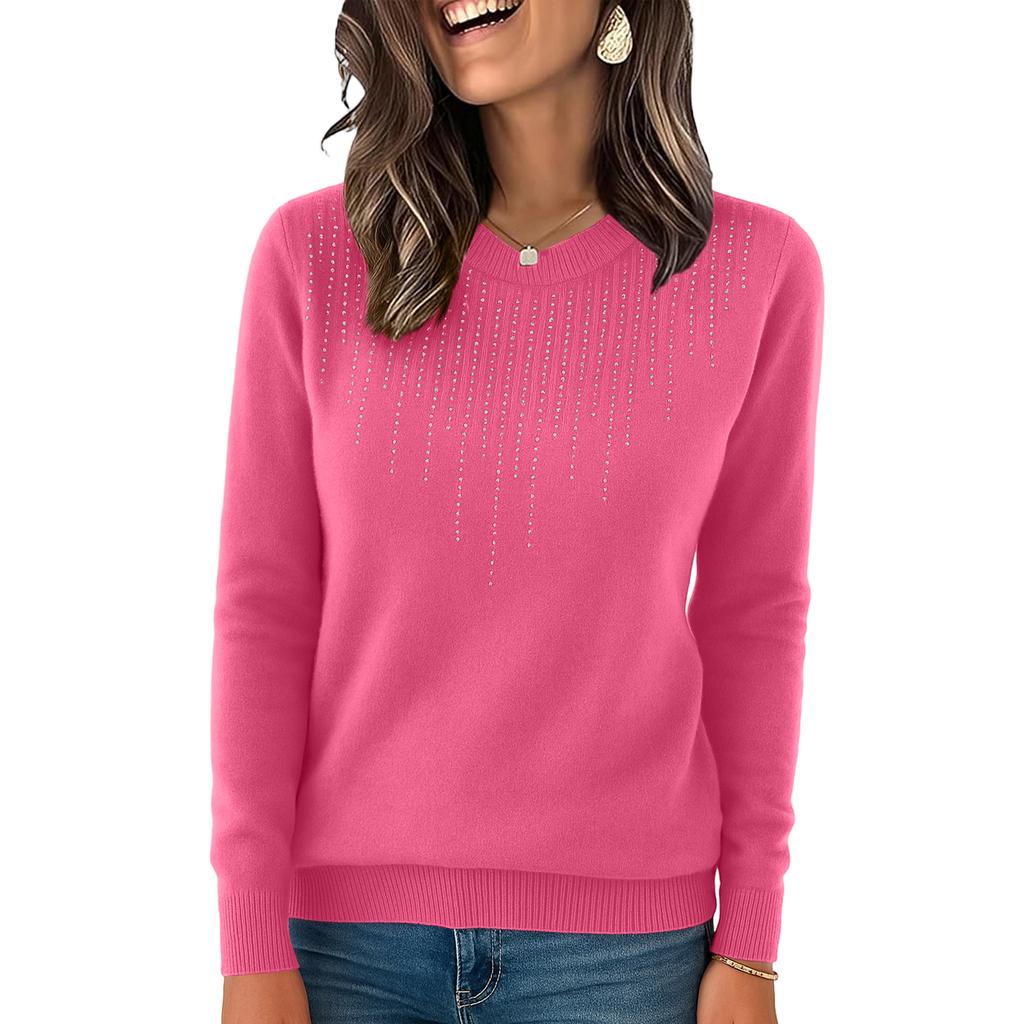 Women's Knitted Solid Color Long Sleeved Round Neck Pullover, Base Shirt, Top