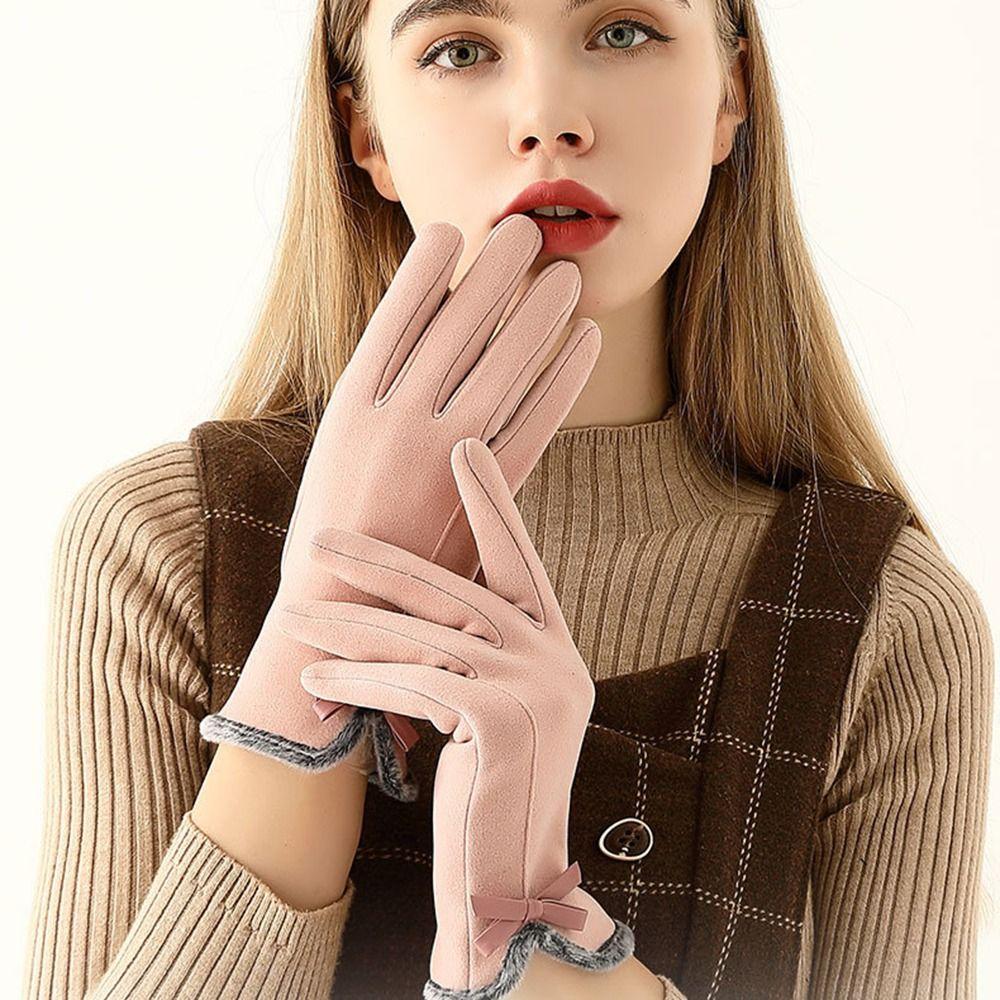 Five Fingers Winter Women Gloves Bowknot Elasticity Soft Gloves Outdoor Riding Mittens  Running