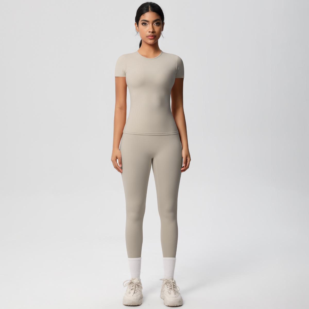 

European & American Style Slim Fit Yoga Set: Brushed Nude, Short Sleeve Top & High Waist Long Pants Medium