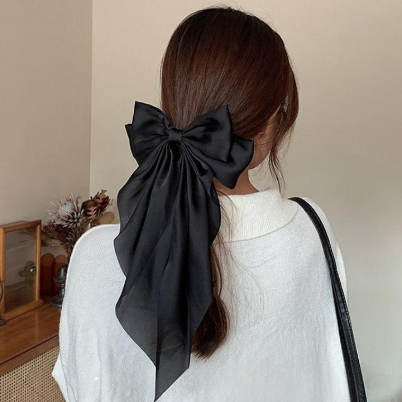 Oversized Satin Bow Hair Clip with Long Ribbon Elegant Solid Color Hairpin for Women Girls Party Daily Hairstyling