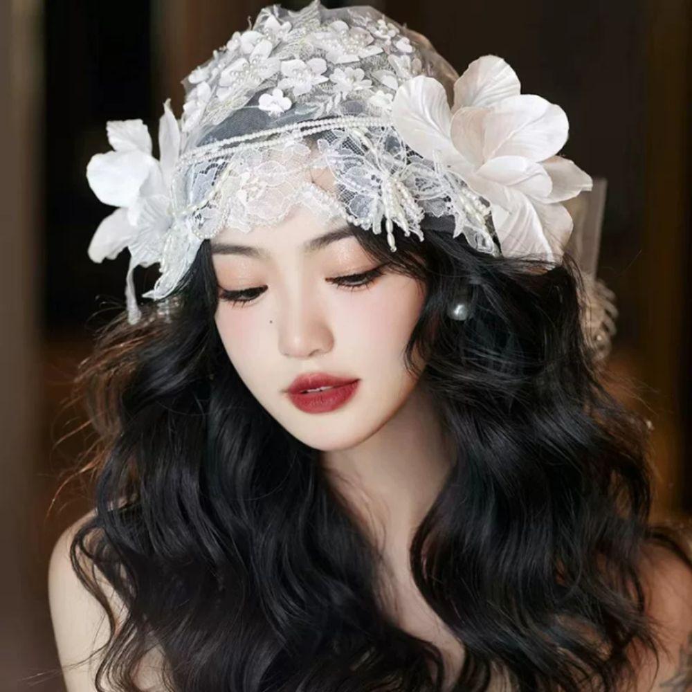 White Bridal Hat Lace Floral Wedding Headwear French Bride Headdress  Headpieces