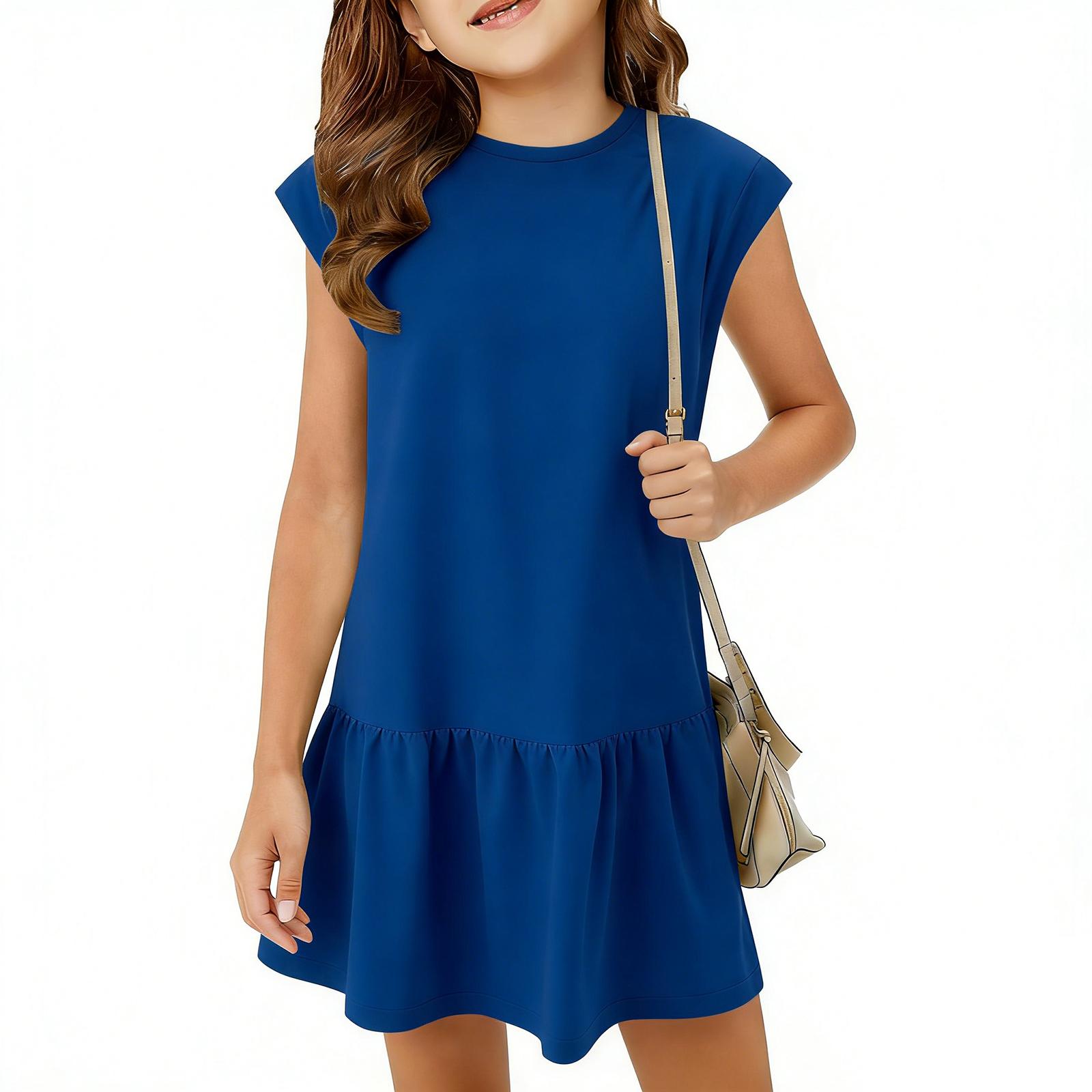 

Модное детское платье, повседневное свободное платье средней длины с оборками и круглым вырезом 160 синий