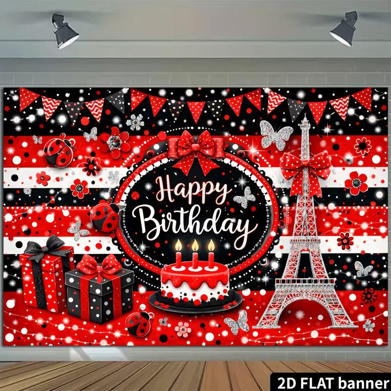 2D Ladybug Birthday Backdrop, Paris Eiffel Tower Banner, Red Black Happy Birthday Party Decor