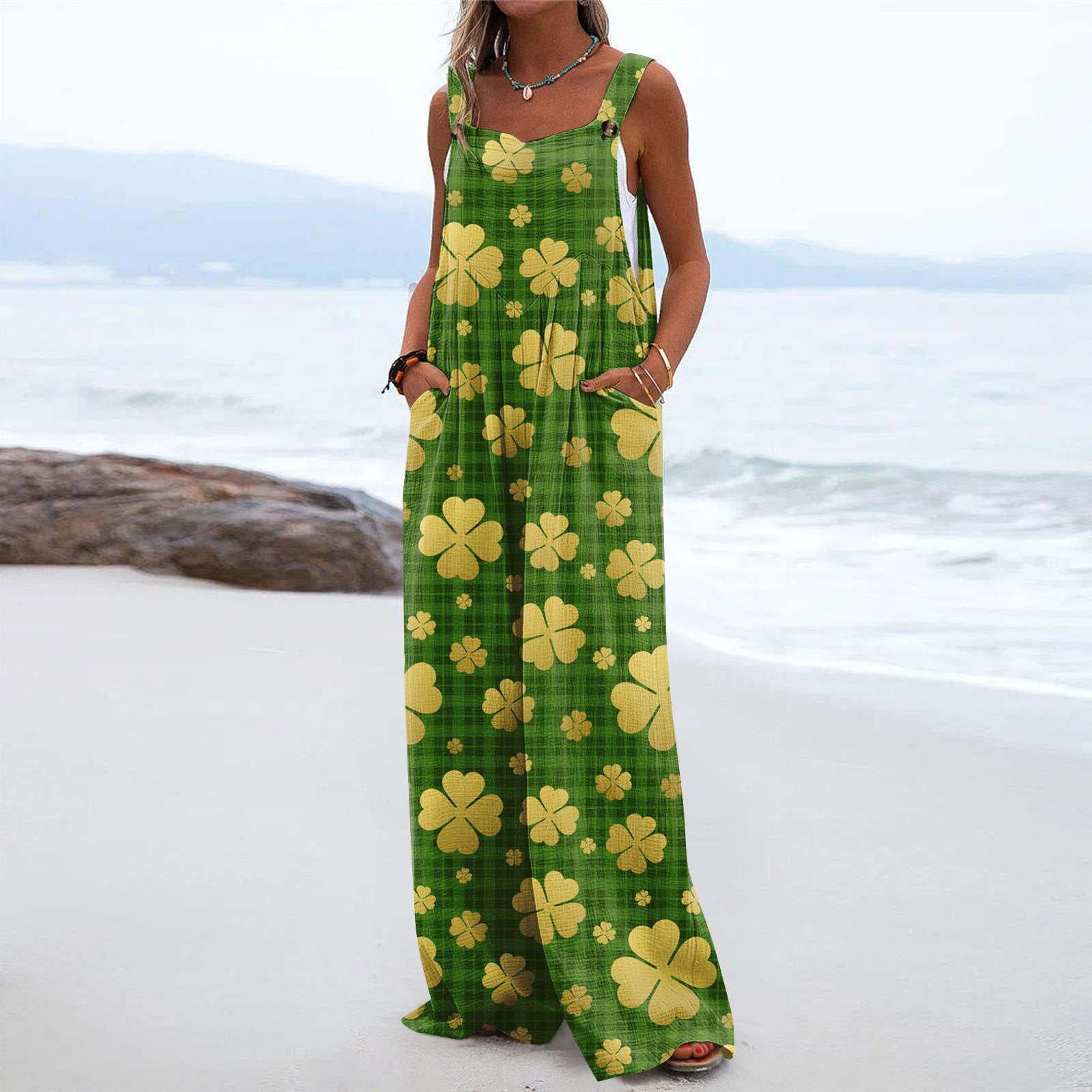 

Широкі комбінезони для жінок. Повсякденні вільні комбінезони без рукавів St. Комбінезон із довгими брюками та кишенями з принтом до Дня Святого Святого Патріка XL жовтий