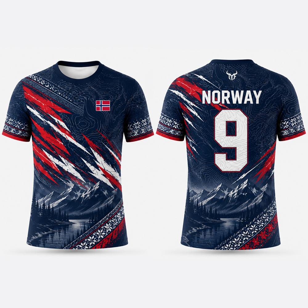 Huiteng13 Nieuw Noorwegen Vlag Print Voetbal T-shirt Sneeuwberg Patroon Ademend Trainingsshirt Unisex Sport Sneldrogend Casual Ronde Hals Top 3XL
